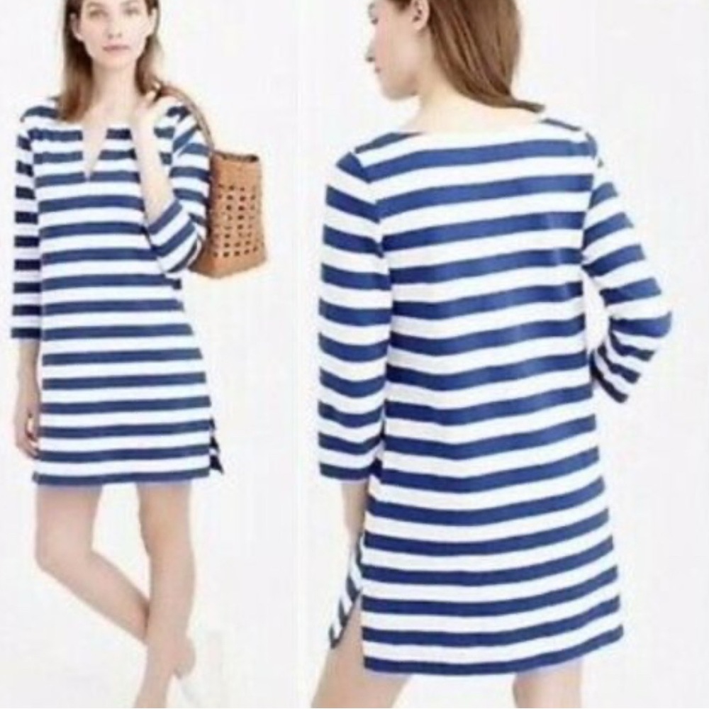 NWOT, J.Crew Cobalt Blue & Ivory Striped Jersey Tunic Dress Split Neck Size S